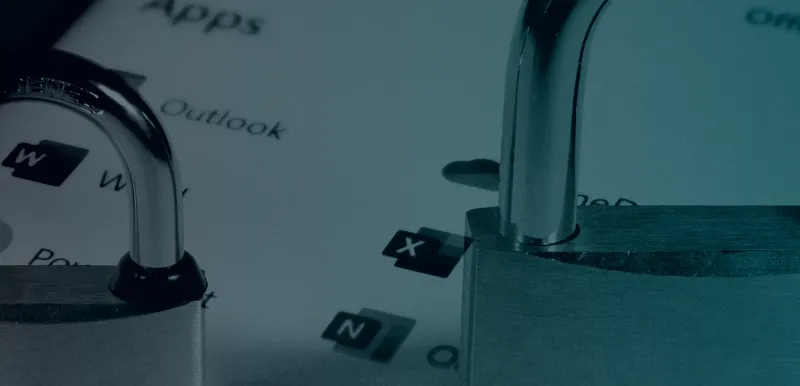 A desaturated image with a left to right gradient from grey to blue. Two brass padlocks superimposed on a photo of a device screen showing the Microsoft 365 app launcher.